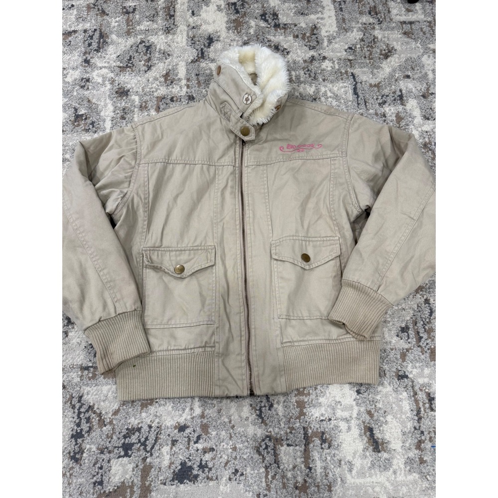 Big Dogs Vintage Tan Bomber Jacket Pink Quilted Lining Faux Fur Collar Womens S